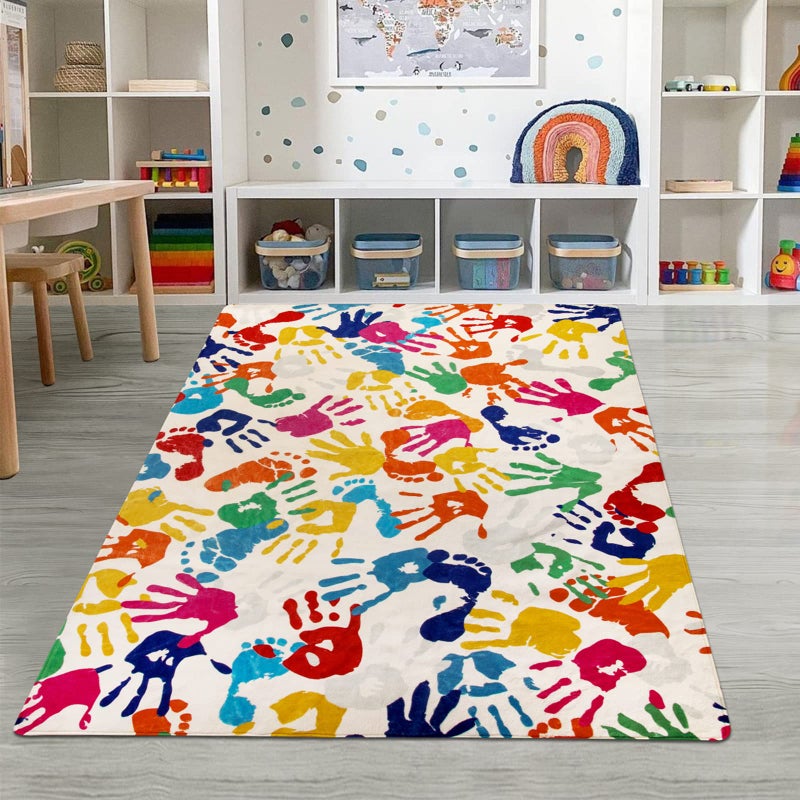 STARUIA Handprints and Footprints Large Kids Rug 5'x7', Washable Colorful Area Rug for Nursery Room, Non-Slip Play Mat Ultra Soft Indoor Carpet for Bedroom Playroom Classroom - Image 1